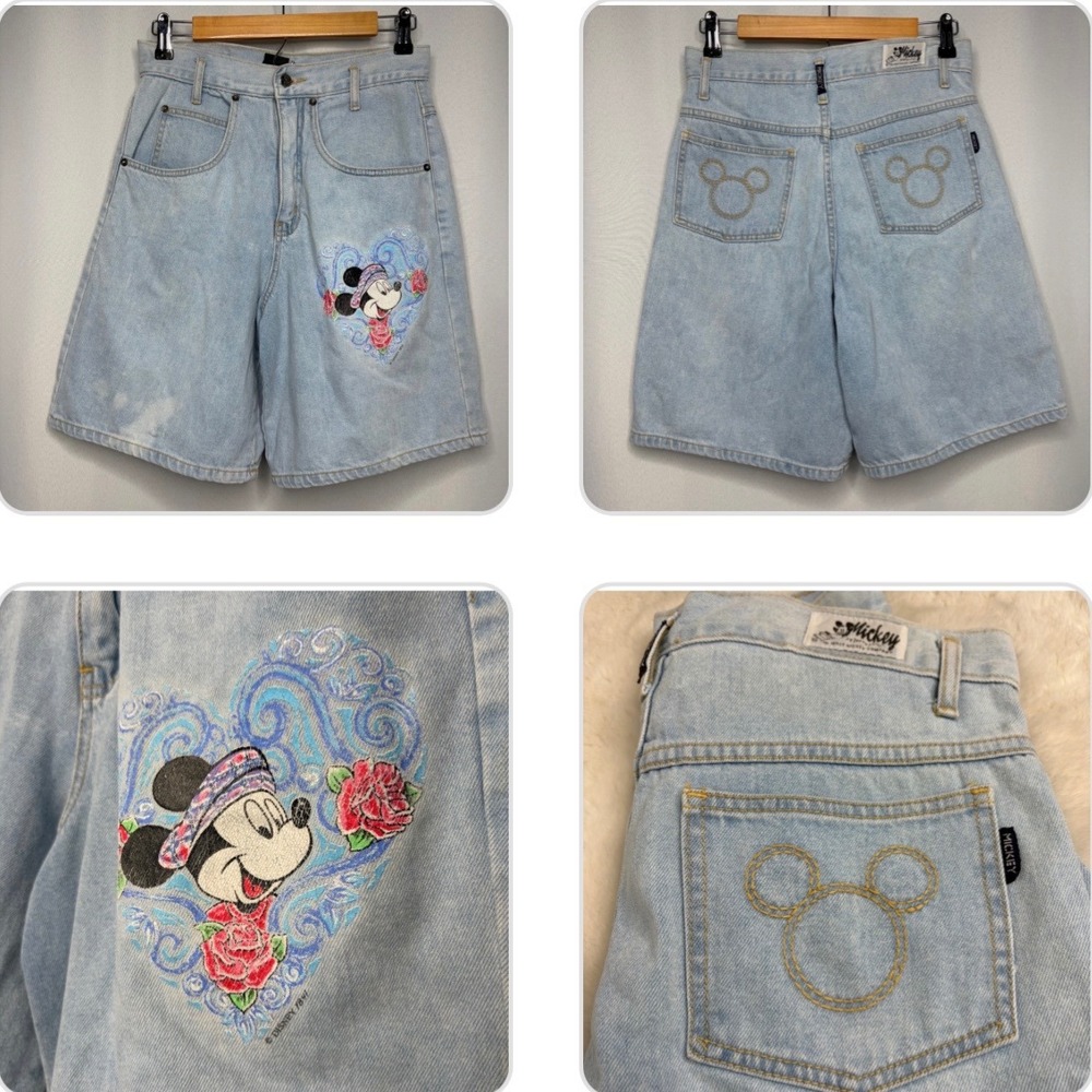VTG 90's Mickey Unlimited Jerry Leigh Minnie Embroidery Heart Denim Shorts Light